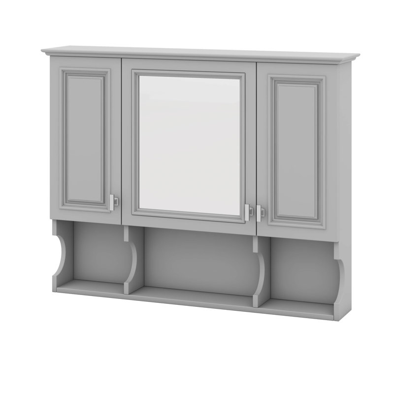 Armoire à pharmacie murale, armoire de salle de bain moderne avec miroir, tablettes ouvertes, Gris