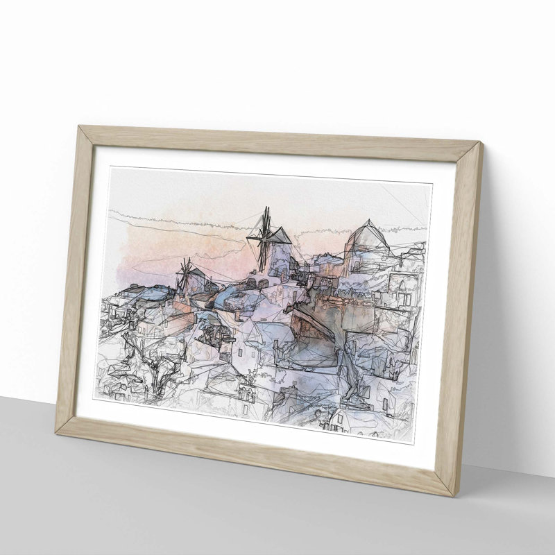 Oia Santorini Skyline in Greece in Abstract - Picture Frame Graphic Art Print, 62cm H x 87cm W x 2cm D, Oak Framed