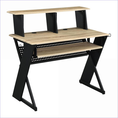 Music Desk with Cord Management, Keyboard Tray &amp; Hutch | Natural &amp; Black | Wood + Metal