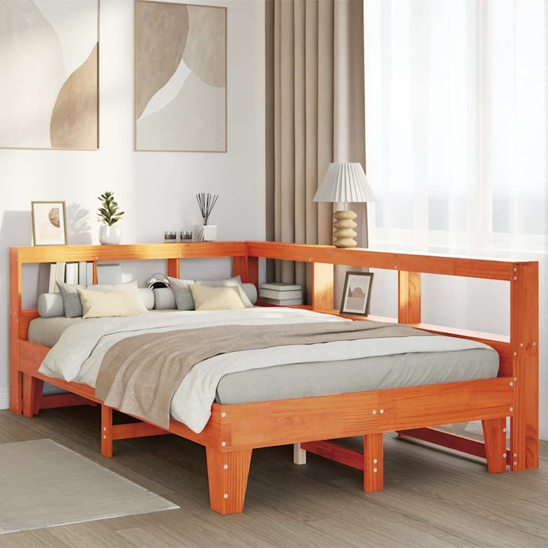 Bookcase Bed Without Mattress Solid Wood Pine, Double (4'6), Wax Brown