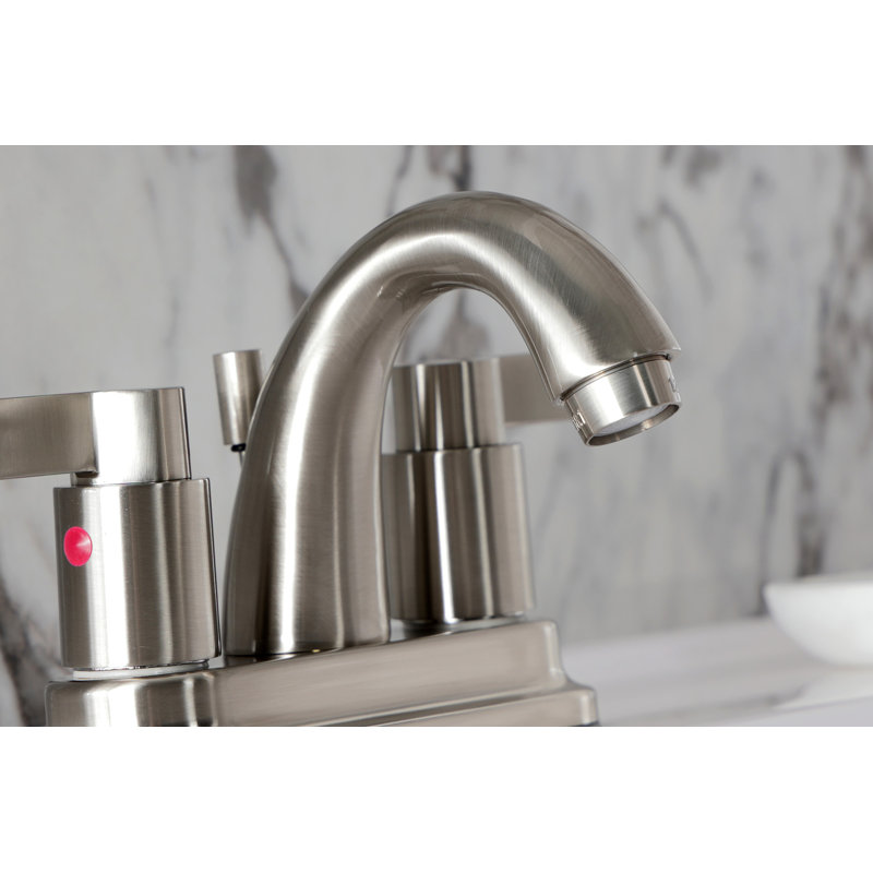 Kingston Brass NuvoFusion Two-Handle 3-Hole Deck Mount 4" Centerset Bathroom Faucet with Plastic Pop-Up, Brushed Nickel