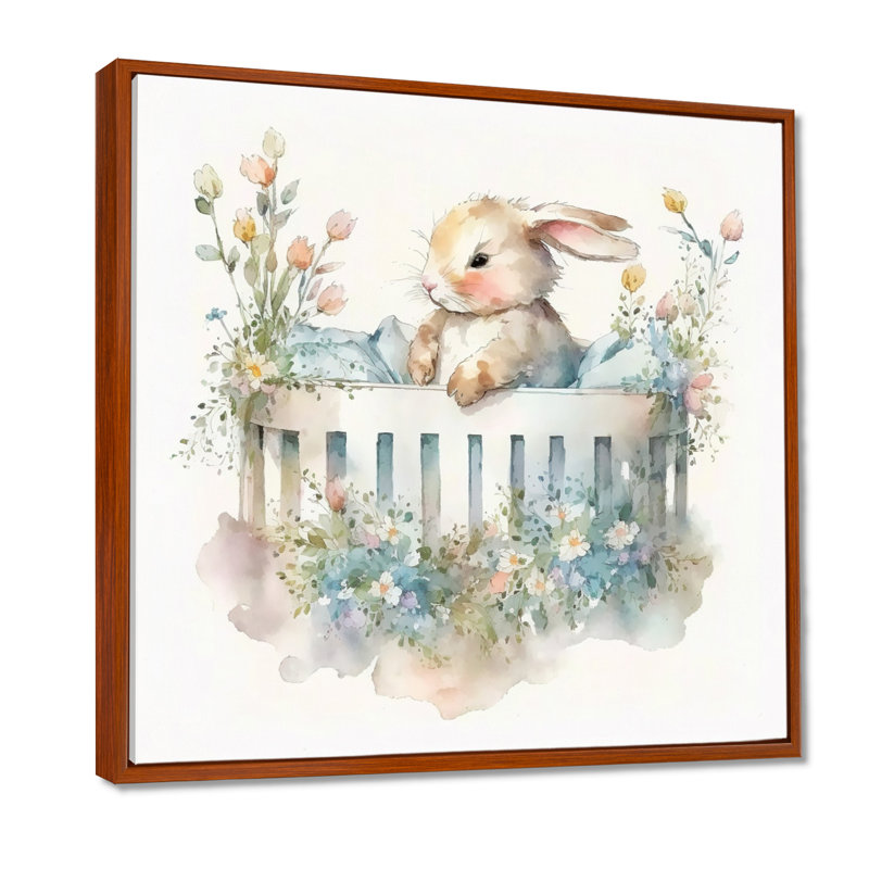 Baby Bunny In Crib With Flowers II - Rabbit, art mural, H 24 po x l 24 po, Cadre flottant brun