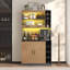 Wooden tall kitchen cabinets with LED ambient lighting, pantry cabinets with space for a microwave, height-adjustable shelves-124901719