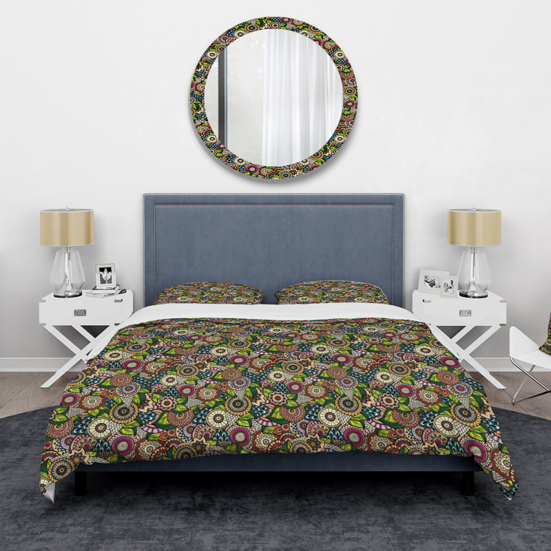 Fleurs rétro brun et bleu III - ensemble de housse de couette moderne - microfibre de polyester