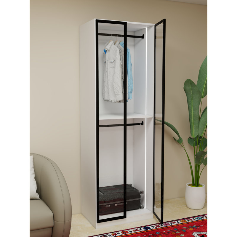Armoire blanche l 30 pi avec porte vitrée pleine hauteur, éclairage DEL, structure en métal, H 93 pi x P 21 pi, tablettes réglables, fabrication en contreplaqué