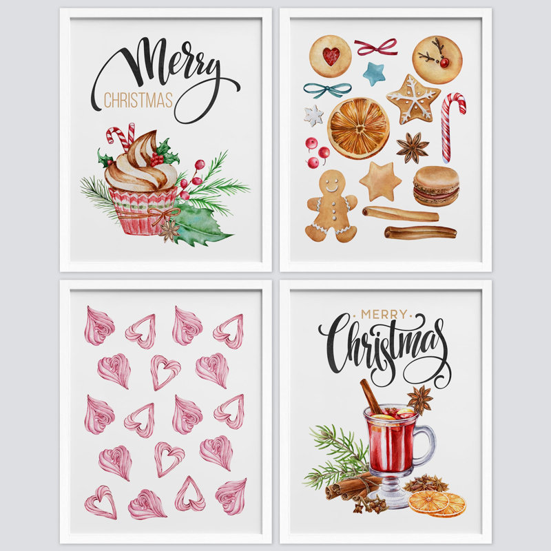 «Eggnog Gingerbread Seasonal Illustration», impression encadrée sur papier, 4 pièces, Blanc, H 14 po x l 11 po