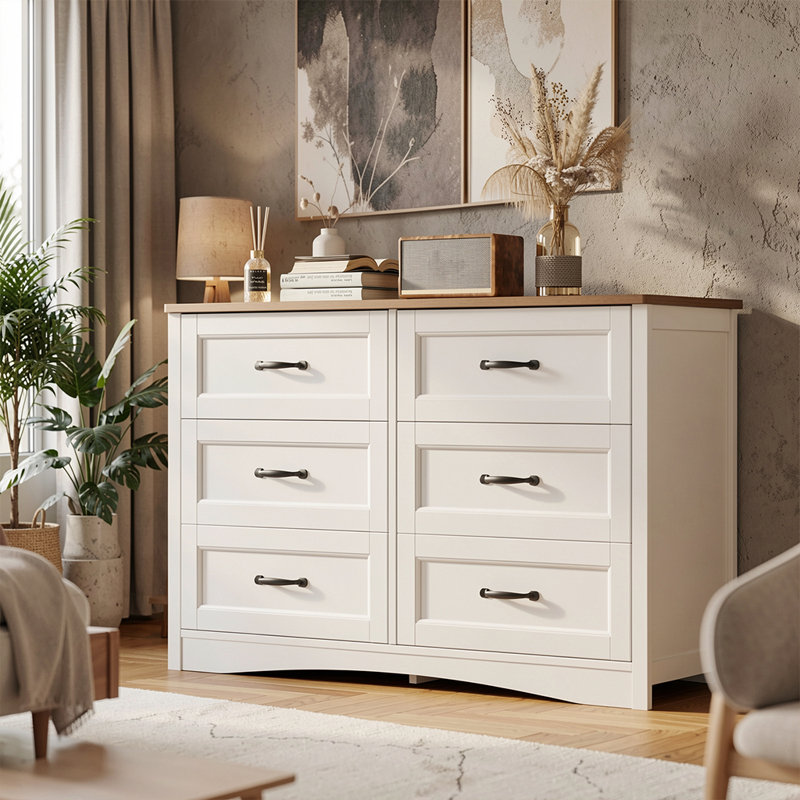 Migneco 6 Drawer 47.2'' W Modern Wood Double Dresser with Metal Handles and Smooth Glide Drawers, Brown/White
