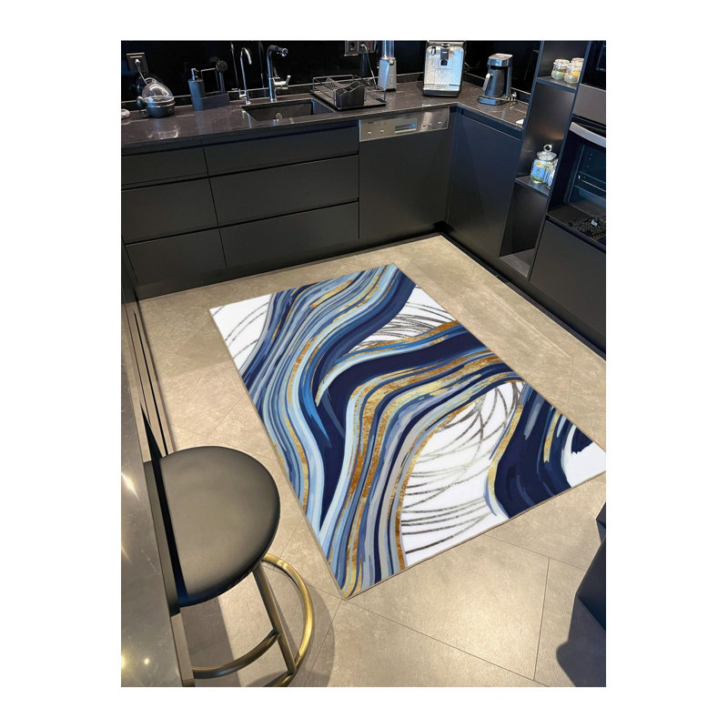 Tapis bleu tissé à base tissée et lavable, Rectangle 5 pi 1 po x 7 pi 7 po 