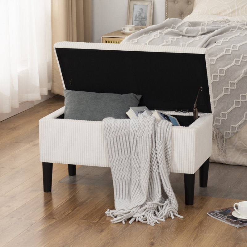 32" Upholstered Storage Ottoman Bench With Corduroy Fabric, Cream