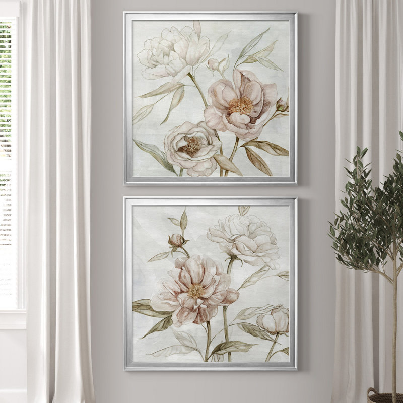 «Washed Botanical I», ensemble de 2 reproductions, Toile encadrée argentée, Pas de tapis, H 17,5 po x l 35 po x P 1,5 po