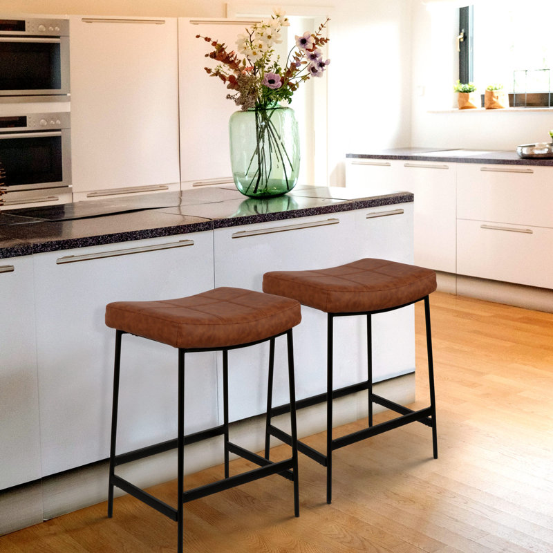Backless Counter Stools With 27" Upholstered Saddle Seat Bar Stools Brown