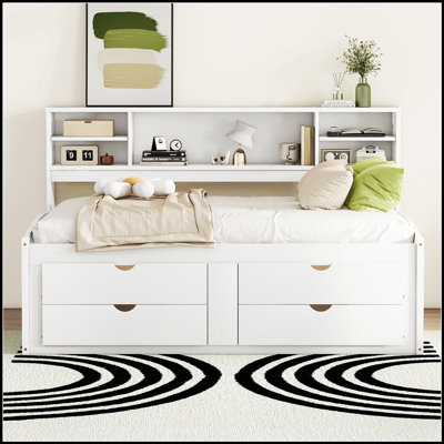 Wood Daybed with 2 Bedside Cabinets, Upper Shelves and 4 Drawers for Enhanced Storage and Elegance
