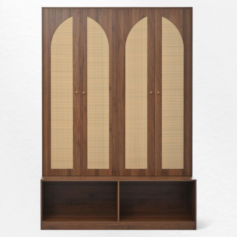 Farmhouse Entryway Hall Tree with Rattan Doors, 4-in-1 Seating Bench & Shoe Cabinet with Hooks, Walnut