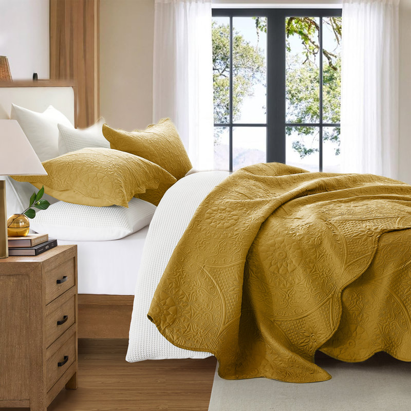 Floral Embossed Microfiber Quilted Bedspread Set, King Coverlet/Bedspread + 2 King Pillowcases, Ochre