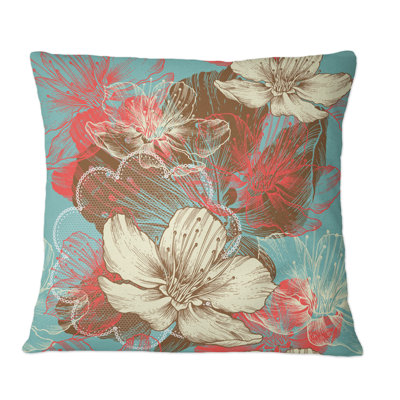 Coussin décoratif rétro imprimé fleurs de pommier sur fond bleu clair