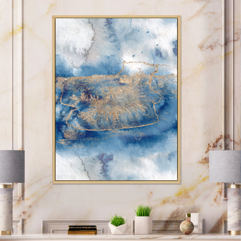 Abstrait classique bleu et or I - peinture sur toile, H 44 po x l 34 po, Cadre flottant en érable