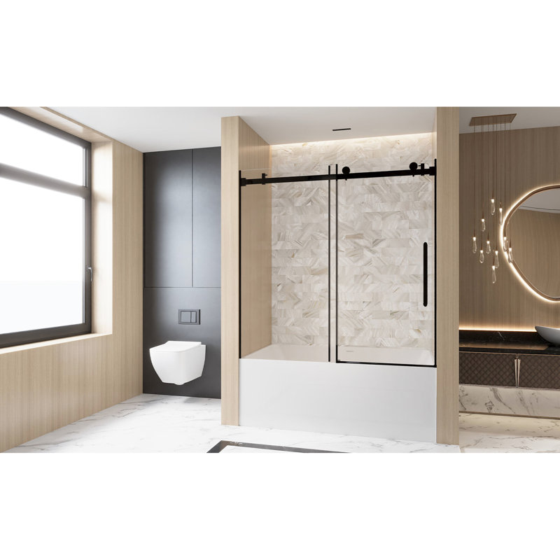 Matt Black Single Sliding Shower Door 56 - 60 "W X 60" H, 1/4 " 6 Mm  Tempered Glass, Proof Film, Stainless Steel Handle, Square Tube Track, American Bathroom Style, Large Wheels For Smooth And