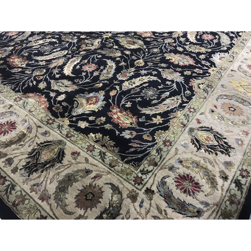 Tapis bleu et gris noué à la main de haute qualité
