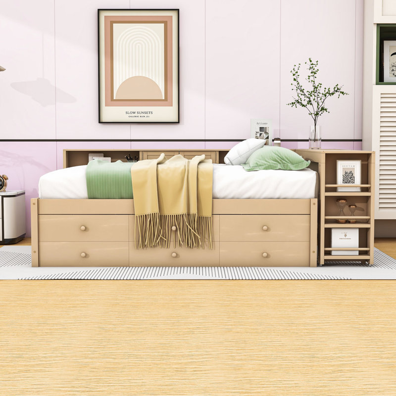 Wooden Frame Daybed with Trundle and Desk and Drawers, Full, Golden