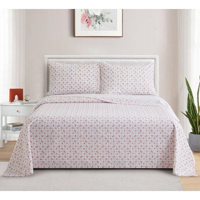 Marina Decoration 600 Thread Count Home Bedding Bedroom Soft Bedsheet Deep Pocket Hotel Standard Percale All Season 4 Pieces Printed Cotton Sheet Set, Pink Rose Floral Pattern Double/Full Size