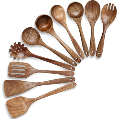 Ensemble d'ustensiles en bois d'acacia 10 pièces pour la cuisine, ustensiles de cuisine en bois naturel pour batterie de cuisine antiadhésive avec finition lisse, cuillères et spatules robustes et durables