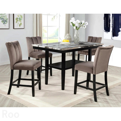 Table de salle à manger de comptoir de 60 po avec tablette inférieure de rangement, plateau en bois à finition marbre pour la salle à manger de cuisine, noir