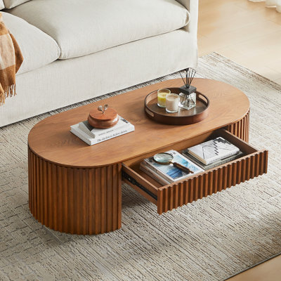 Table basse ovale en bois 51,18 po avec tiroir Mid-Century moderne Table basse unique pour meubles de salon, table de thé brun
