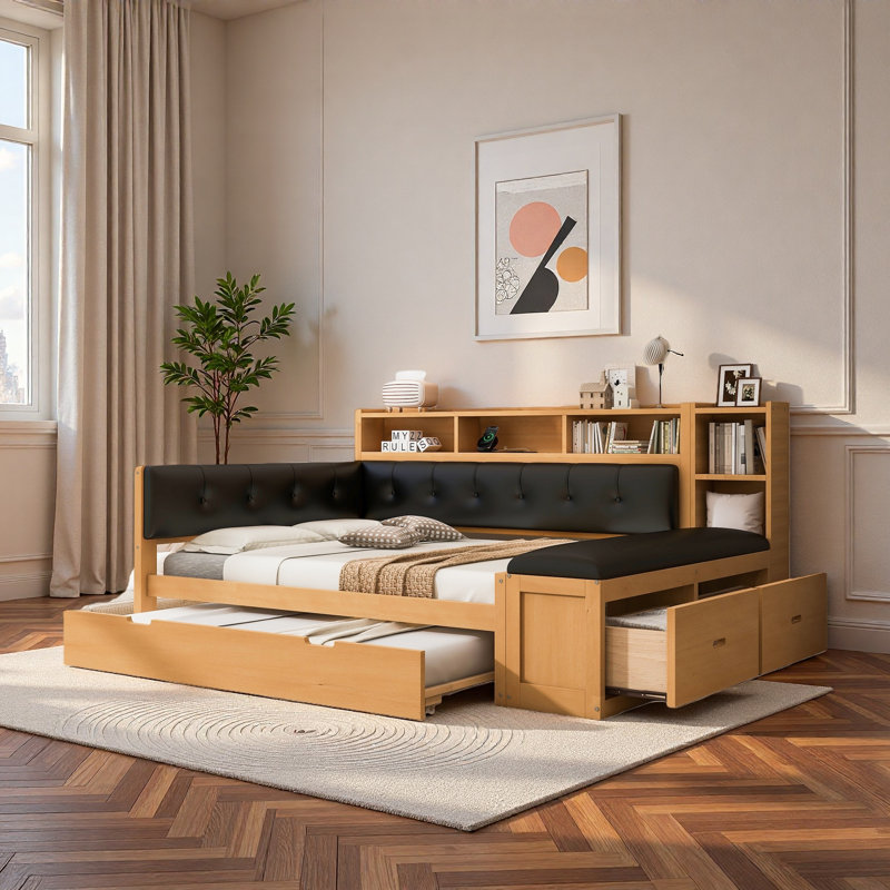 Comfortable Daybed With Trundle, Storage Shelves, Bench, Charging Station And Upholstered Headboard, Black/Natural
