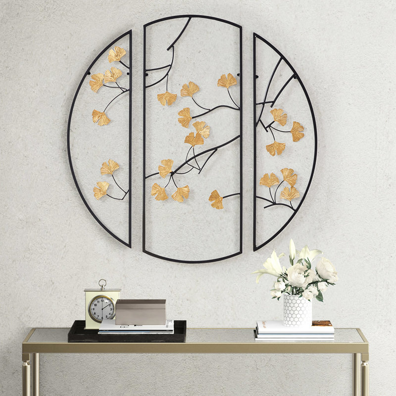 3 Metal Wall Decor With Intriguing Gold Ginkgo Leaves In Black Captivating Design