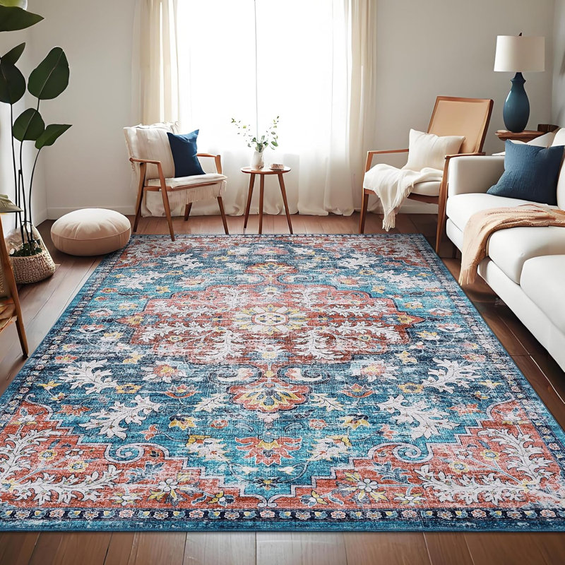Thin Washable Rug Non-Slip Non-Shedding Vintage Hallway Runner Stain-Resistant Indoor Entryway, Rectangle 5' x 7'