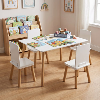 Kids 5 Piece Table and Chair Set, Wooden Play Or Activity Table Set ,White