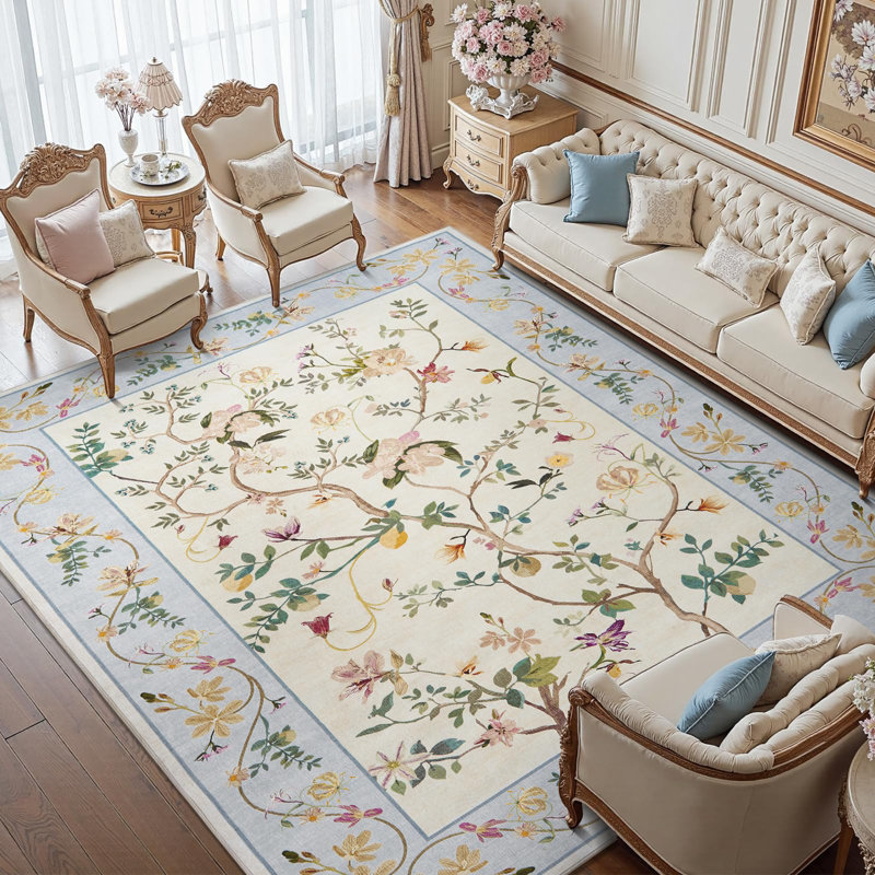 Chinoiserie Vintage Floral Rug Washable Non-slip Beige/Blue, Rectangle 8' x 10', Beige/Blue