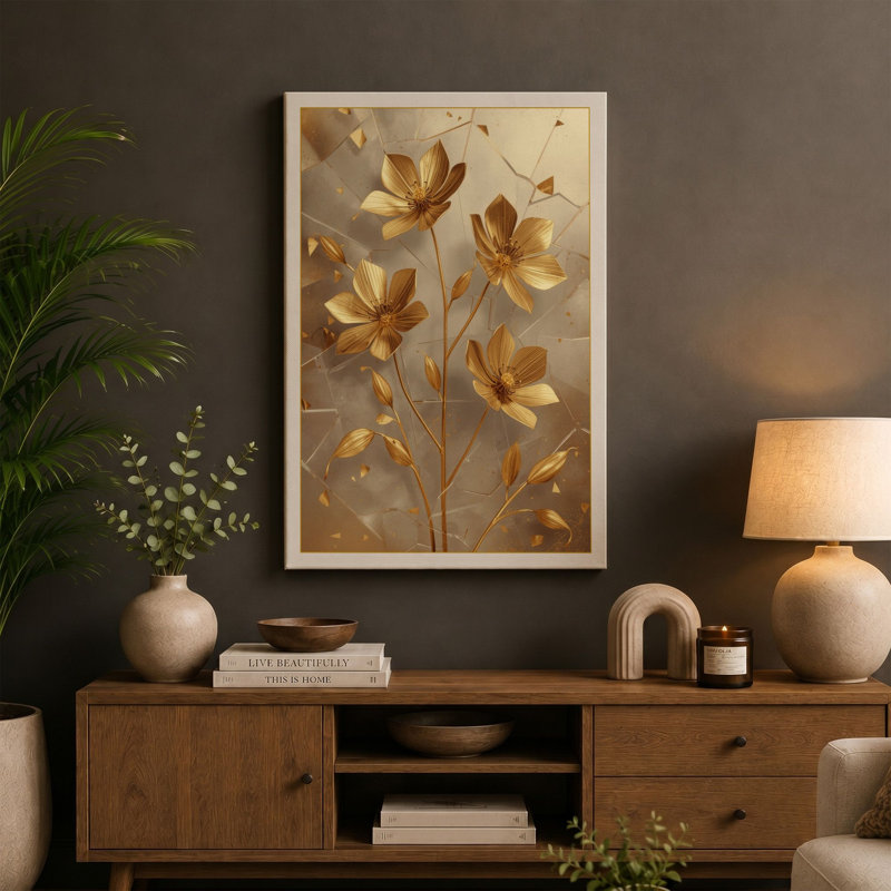 Golden Starflowers Botanical - Wrapped Canvas, 24x16 - 61.0 x 40.6 cm, Terracotta Border