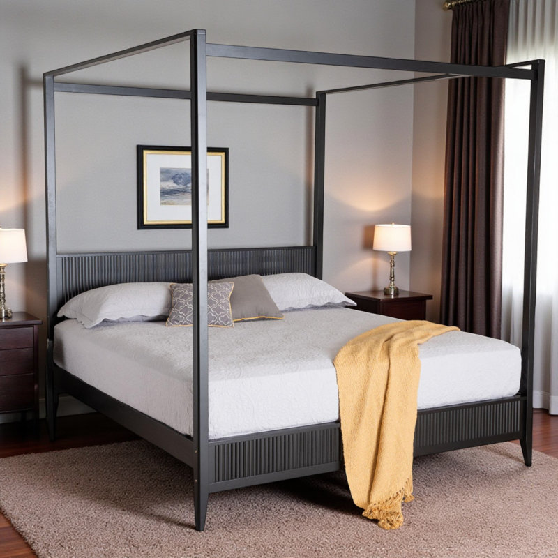 Lynnwood King Size Canopy Bed in Black Fluted Wood, 83.34'' H X 77.81'' W X 83.75'' L, Black