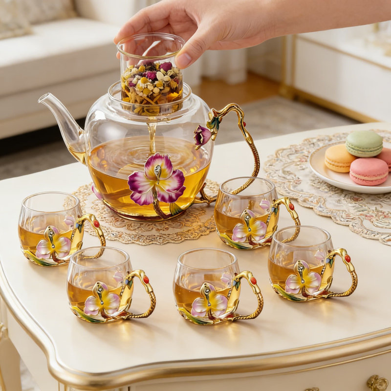 Service à thé floral en verre avec 6 tasses à poignée, théière rétro de 51 oz pour boissons chaudes et froides, motif orchidée peint à la main pour la maison, le bureau et les cadeaux