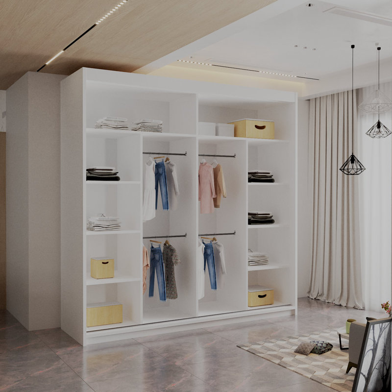 Sliding Wardrobe with Mirror Modern Bedroom 4 Colours 3 Sizes, White, 217cm H x 203cm W x 62cm D