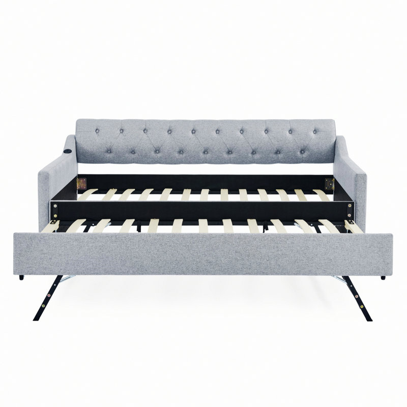 Daybed With Trundle And USB Charging Design, Gray
