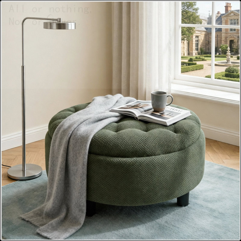 Repose-pieds rond avec rangement de 25 pouces avec plateau, table basse ronde en tissu touffeté avec rangement, Vert foncé