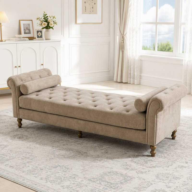 Banc rembourré avec accoudoirs et 2 traversins, Chenille taupe