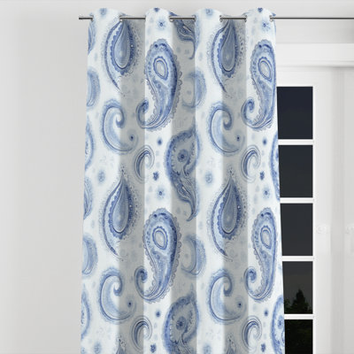 French Country Blackout Curtains - Transitional Blue Vintage Paisley Dreams Grommet Curtain - 1 Panel