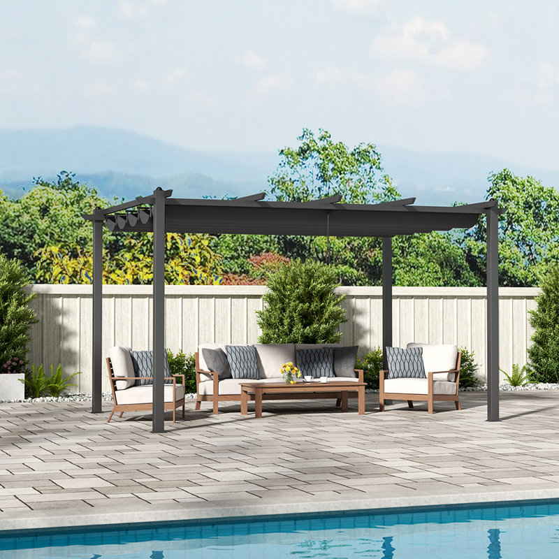 Dakota Fields Polyester Cover Retractable Freestanding Awning, Light Grey, 228cm H x 400cm W x 300cm D