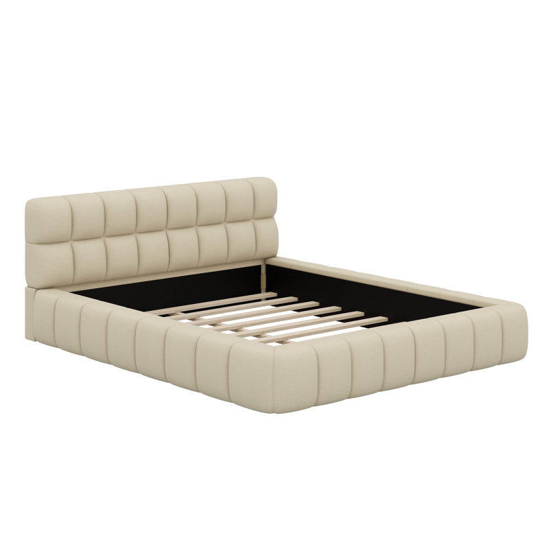 Grand lit plateforme tapissier: tissu épais, style terre et structure solide, Beige
