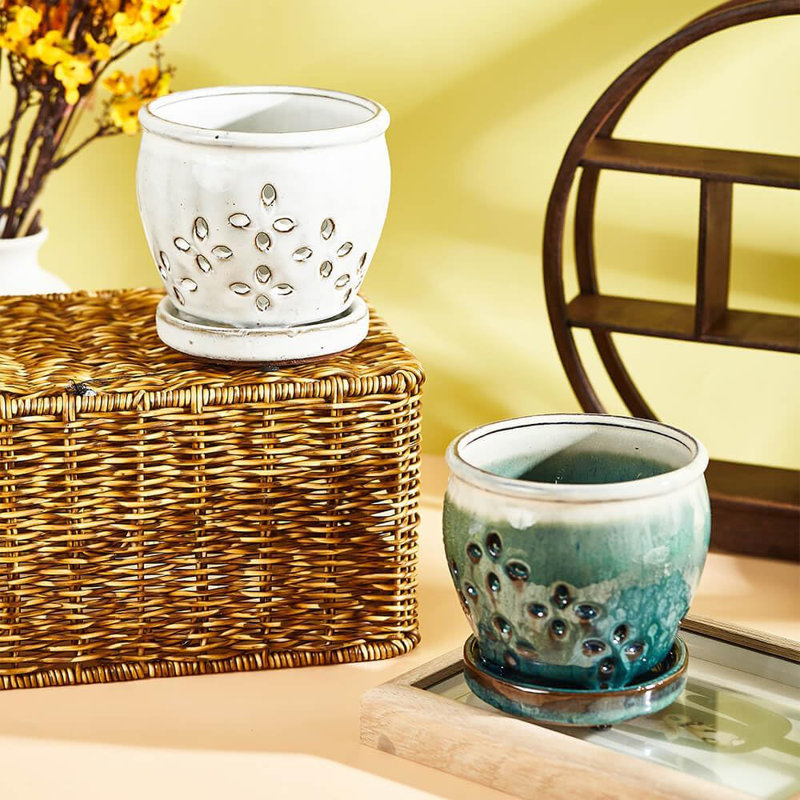 Ensemble de 2 pots à orchidées avec soucoupes attachées 4,6 po blanc