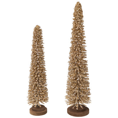 Glittered Tinsel Tree Christmas Decorations - 19.5" - Gold - Set Of 2