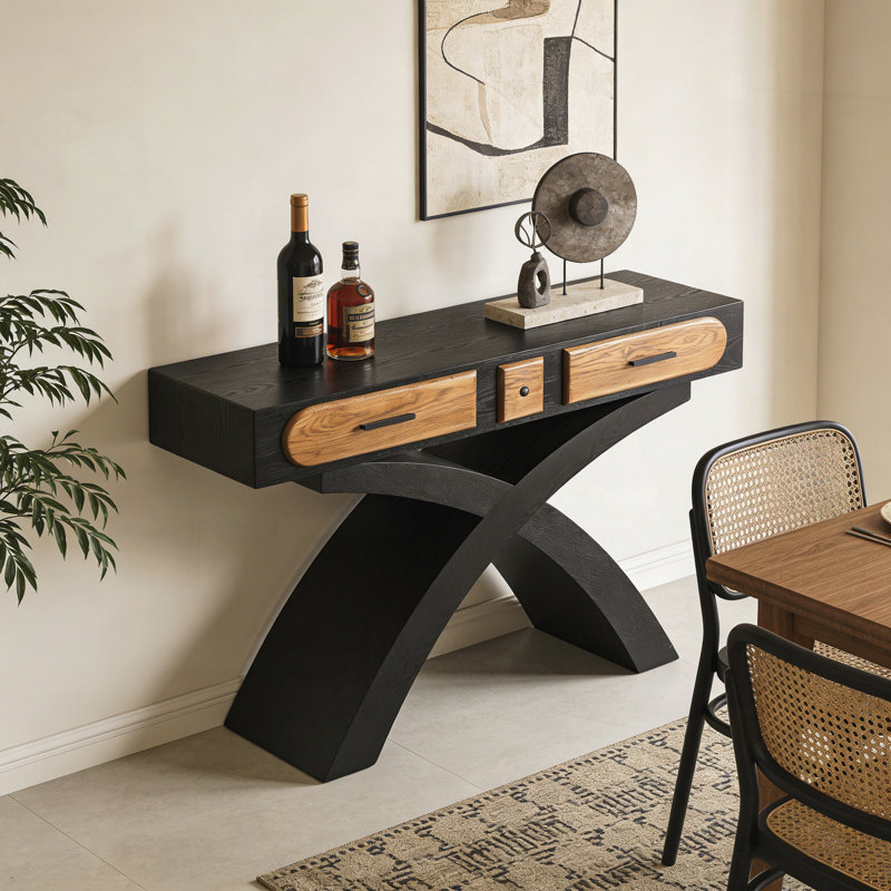 Console en placage de frêne avec pieds en X et assemblage facile, Noir