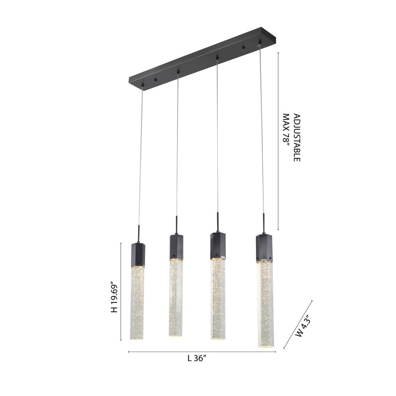 4-Light Matte Black Island Lighting With Clear Bubble Crystals, Black
