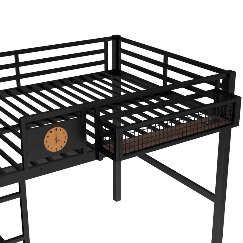 Lit mezzanine double pleine grandeur avec horloge latérale, charge et rangement pour une chambre à coucher confortable en métal dans le rangement de chevet, espace de travail pour économiser de l'espace