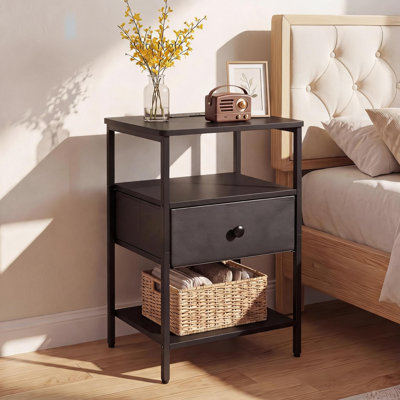Nightstand with Charging Station and Fabric Drawer, 3-Tier Bedside Table with Open Storage, Metal Frame