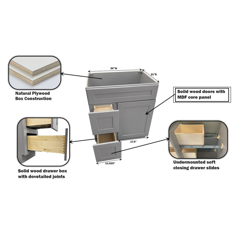 Light Gray Shaker 30" Bathroom Vanity with Drawers