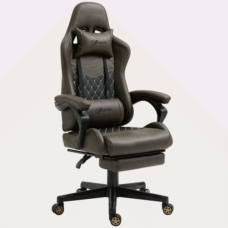 Fauteuil de jeu en cuir polyuréthane de bureau de course avec dossier inclinable et dossier haut, Brun